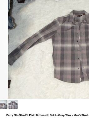 Perry Ellis Men’s Slim Fit Plaid Button Up Shirt | Gray Pink Long Sleeve Size L